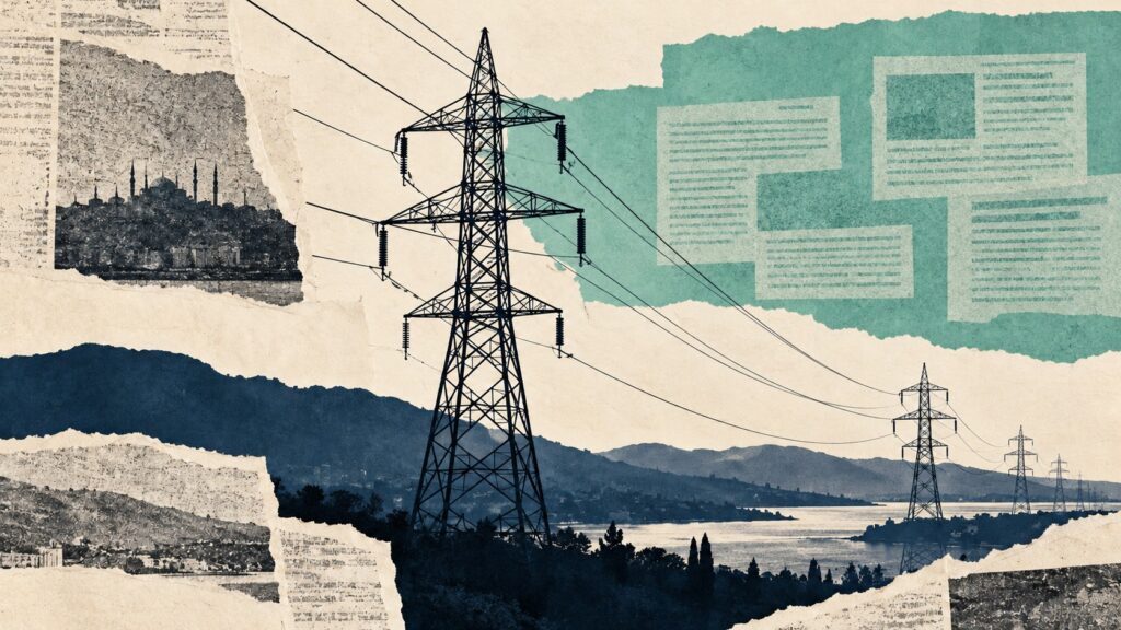 Elektrik iletim hatları ve haber kupürleriyle PTF tahmini araştırmasını anlatan temsili editoryal illüstrasyon.