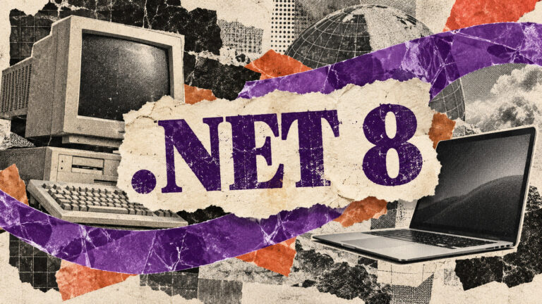 Eski ve yeni bilgisayarların arasında .NET 8 yazılı yırtık kâğıt ve mor şeritle platformun dönüşümünü anlatan kolaj.